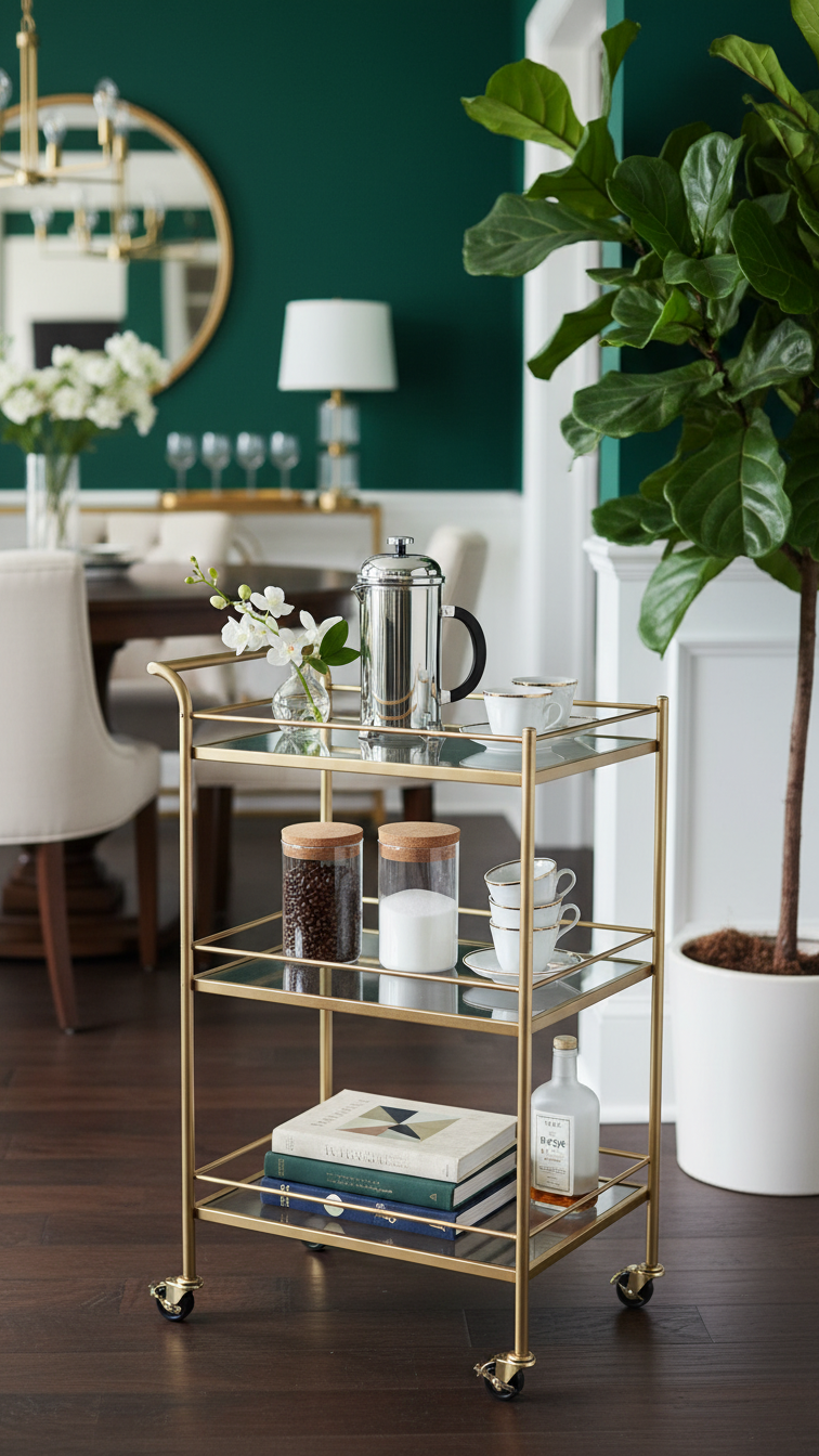 Chic gold bar cart mobile coffee station with French press, glass jars, and espresso cups in elegant dining room