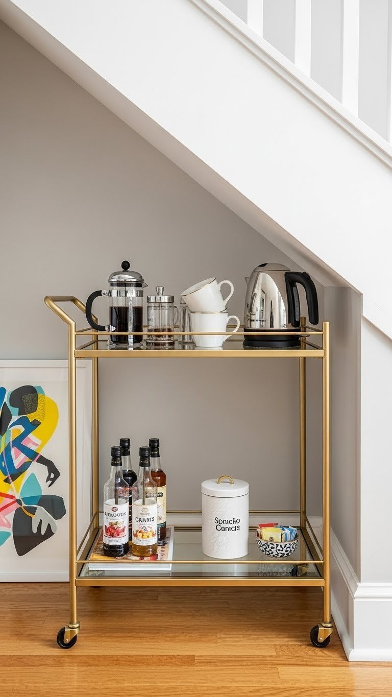 Chic gold metal and glass bar cart coffee station under staircase with French press, kettle, and coffee accessories.