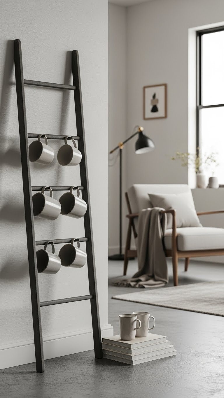 Chic ladder-style mug holder leaning against wall with monochromatic coffee cup collection