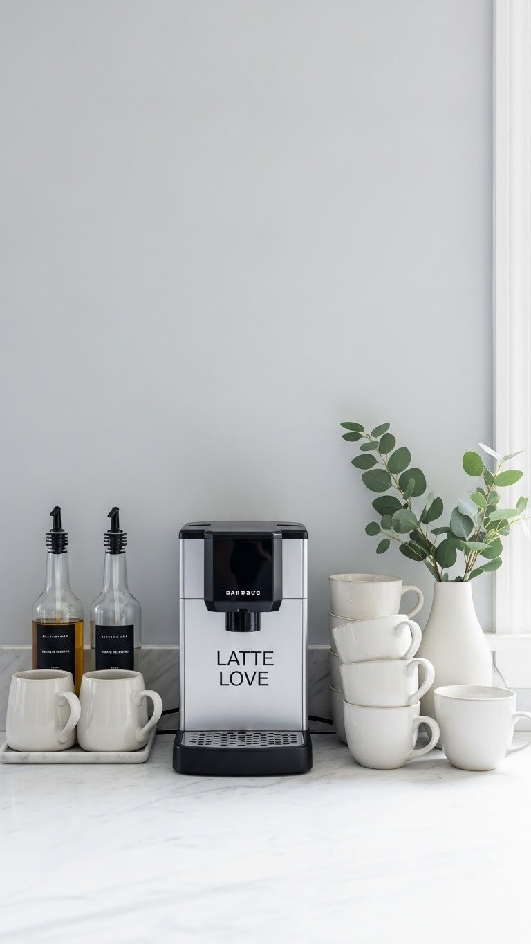 Chic minimalist baby shower coffee bar with marble countertop, sleek glass syrup bottles, and elegant off-white mugs against light gray wall.