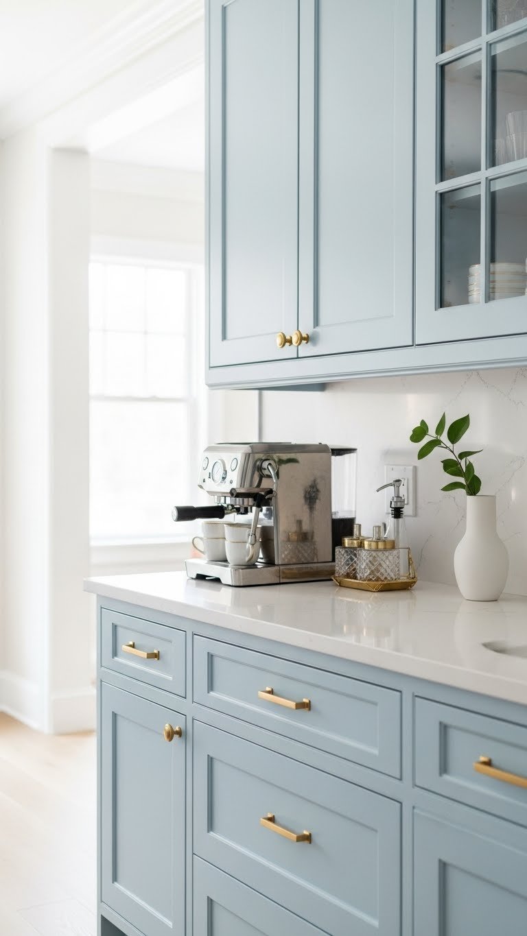 Chic periwinkle built-in coffee bar with gold hardware, quartz countertop, and elegant coffee accessories in soft window light