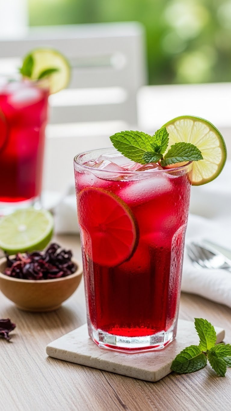 11 Healthy Drink Ideas: Easy Sips for Energy & Weight Loss 13 Chilled hibiscus iced tea with lime wheel garnish and condensation beads on rustic table