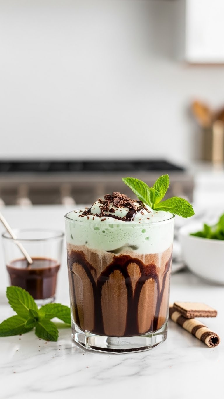 Chocolate Mint Cold Brew with chocolate syrup, green mint foam, fresh mint, and chocolate shavings on a white marble countertop.