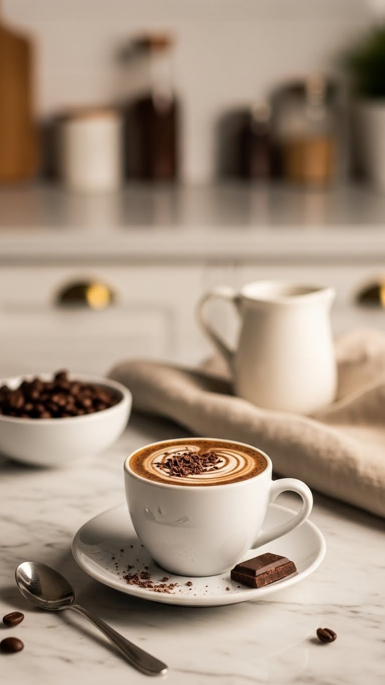 Turkish Coffee Flavors: The Definitive Taste Guide 7 Chocolate-infused Turkish coffee in white fincan with cocoa foam swirl and chocolate shavings on marble countertop