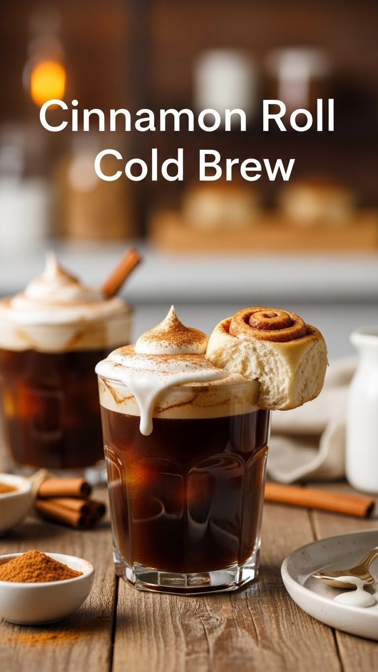 Cinnamon Roll Cold Brew with icing foam, cinnamon dust, and a cinnamon roll on a rustic wooden table in a bakery.