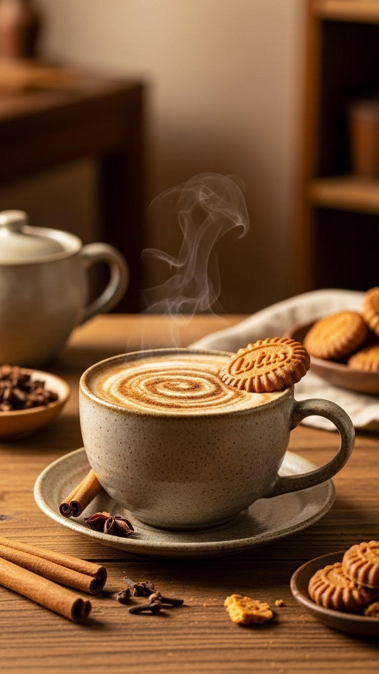 Cinnamon Yakgwa Coffee with Korean cookie on cup rim surrounded by traditional tea house setting