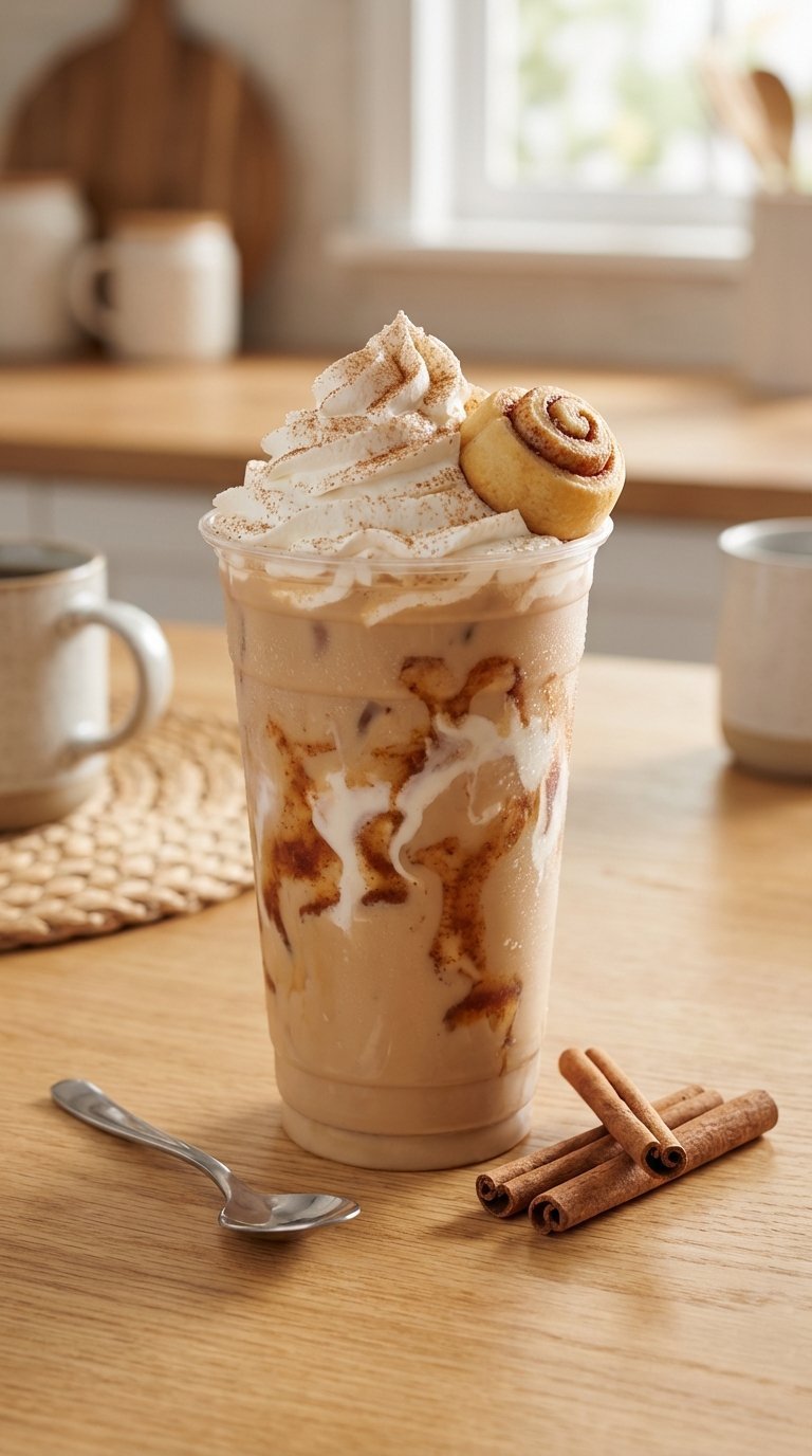 Cinnamon roll swirl iced coffee with whipped cream and cinnamon garnish on light wooden table