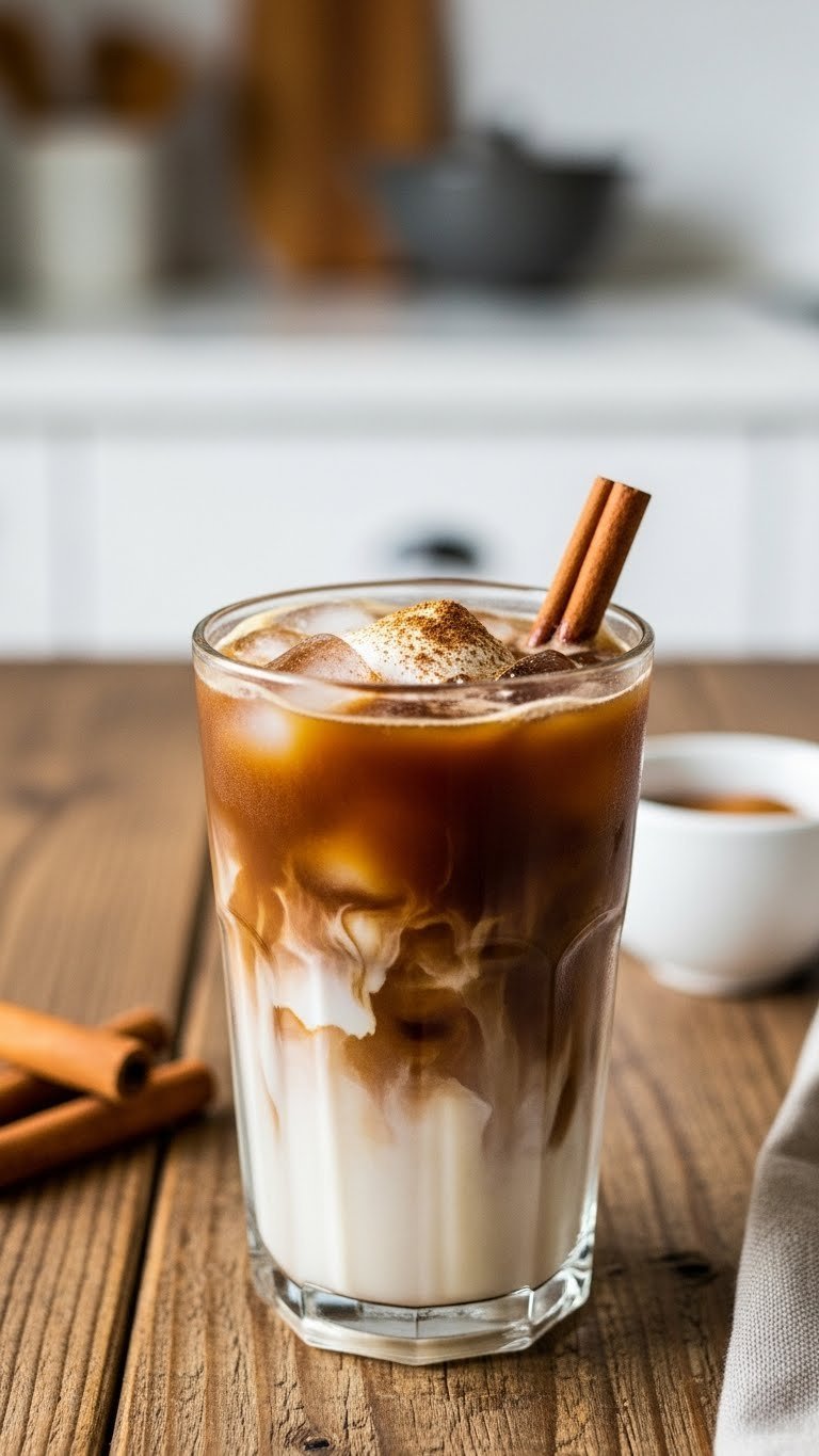 Cinnamon spice iced coffee with cinnamon stick stirrer and ground cinnamon dusting on rustic wooden table.