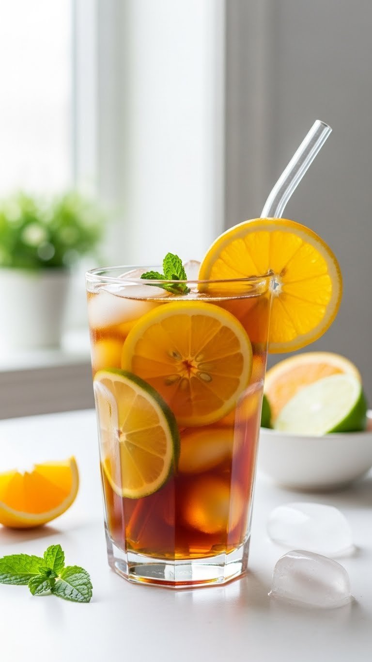 Citrus infused iced coffee with fresh lemon and orange slices on clean white table.