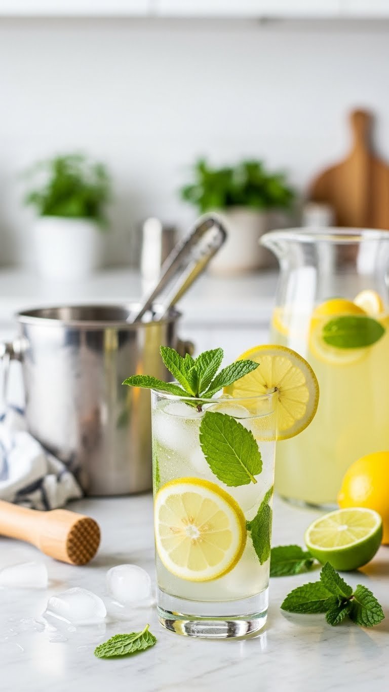 Citrus mint cooler cocktail with lemon slices and mint leaves in highball glass showing condensation