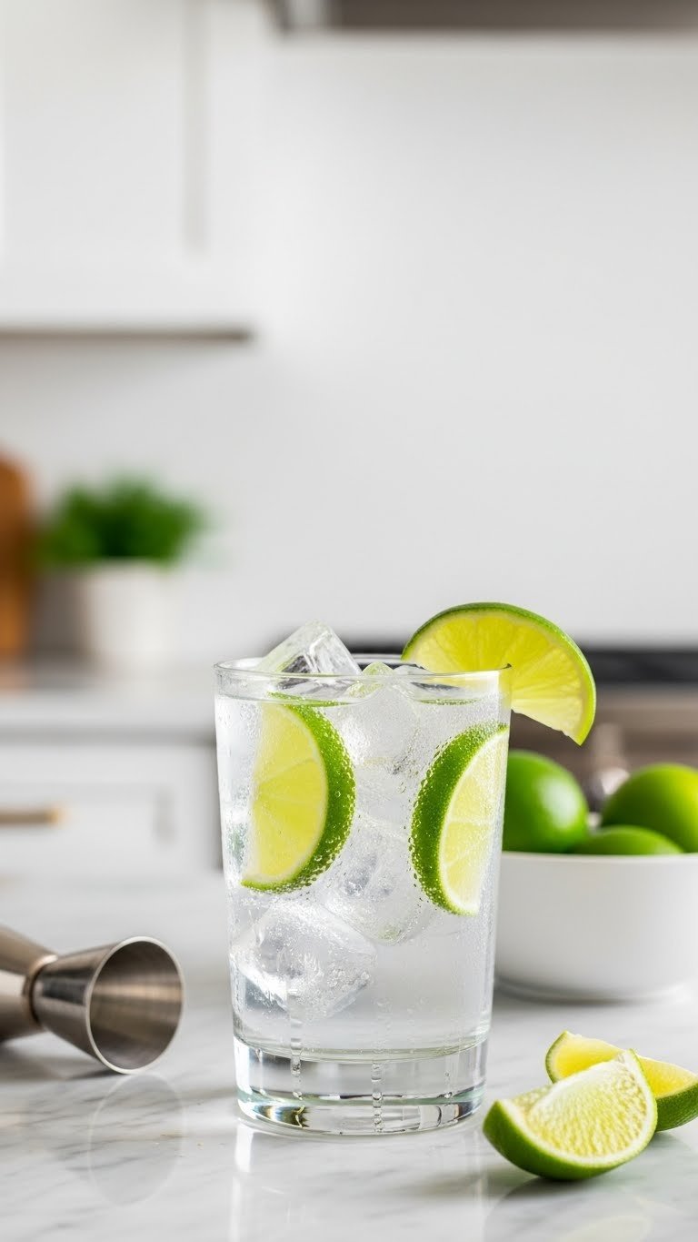 Classic Gin & Tonic in highball glass with lime wedges and condensation on marble countertop background