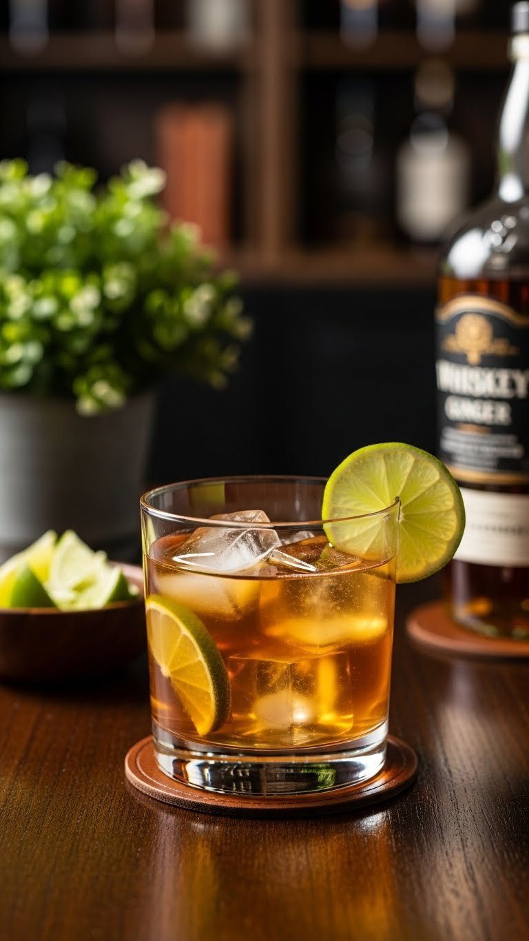 Classic Whiskey Ginger in lowball glass with lime wedge and ice cubes on dark wooden table
