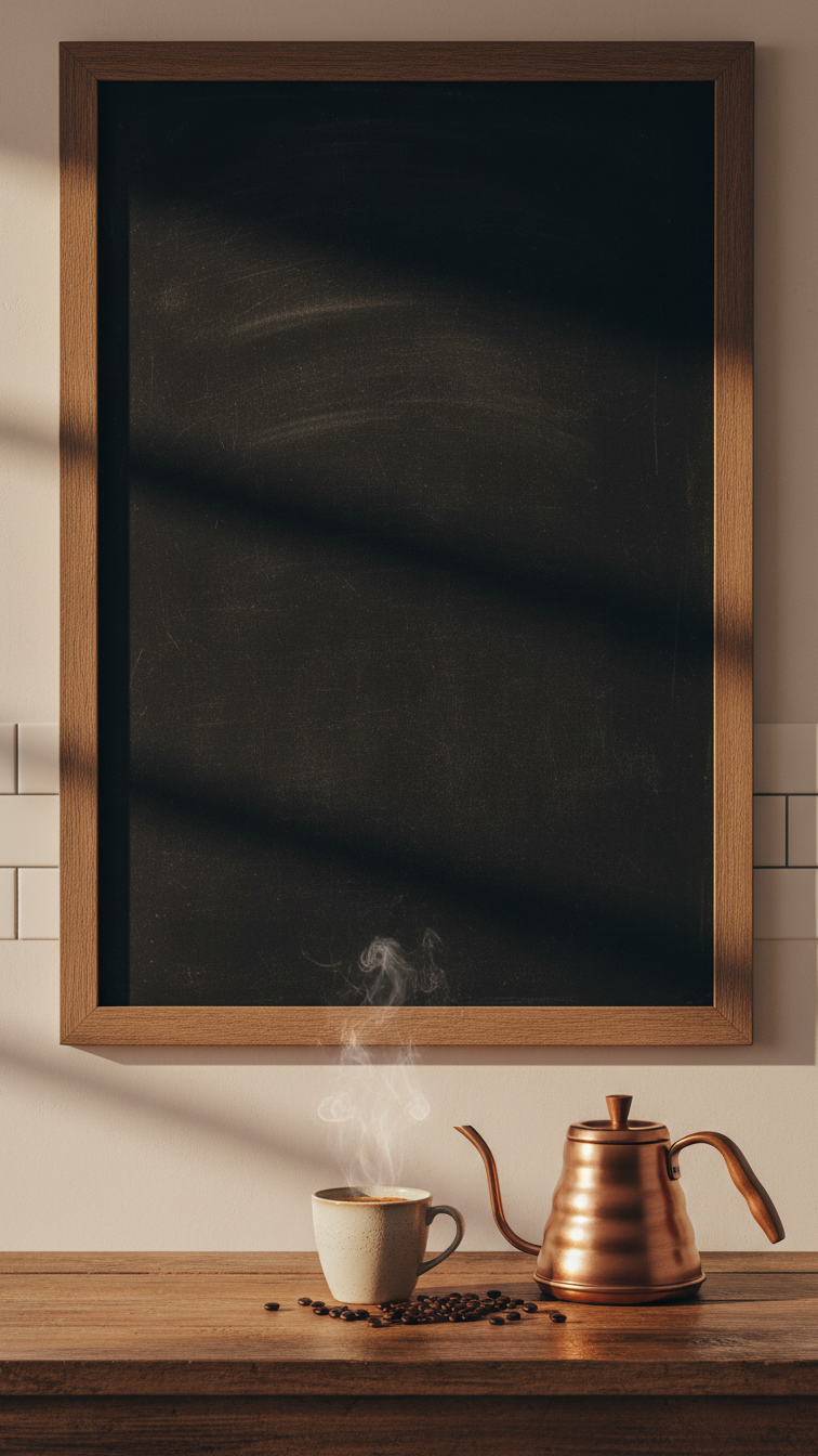 Classic cafe coffee menu chalkboard with elegant script fonts displayed at 45-degree angle with vintage mug and coffee beans on rustic wooden table