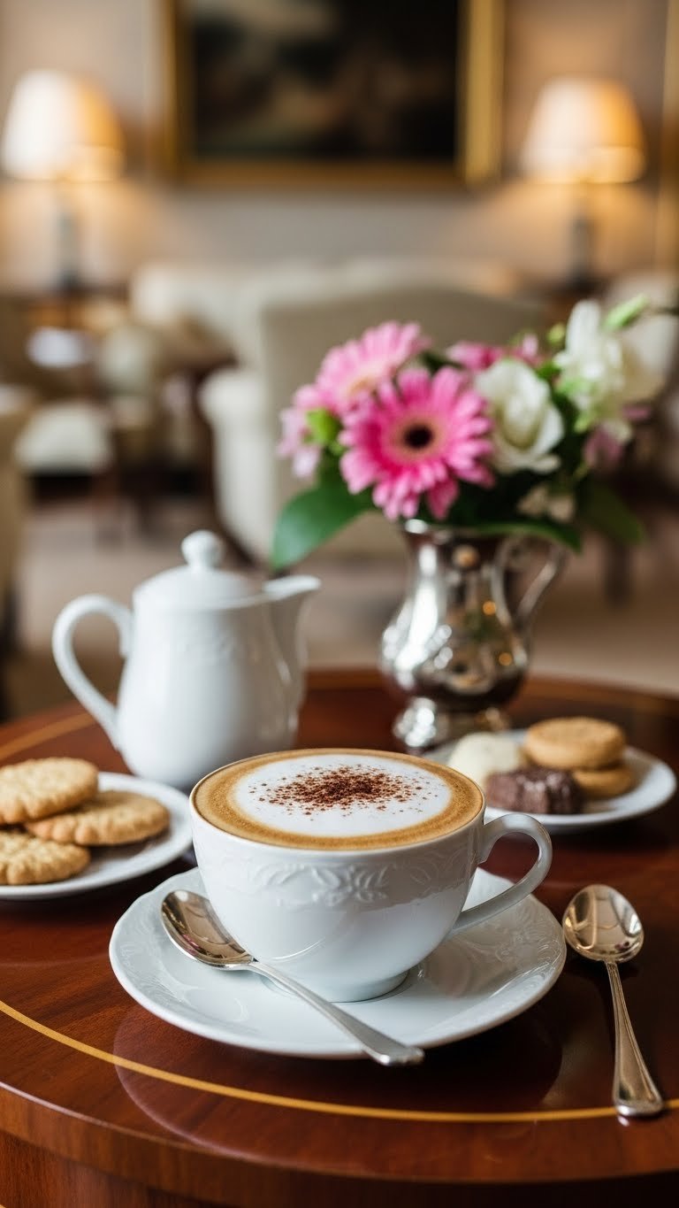 Classic cappuccino with silky foam in porcelain cup on mahogany table with elegant interior background.