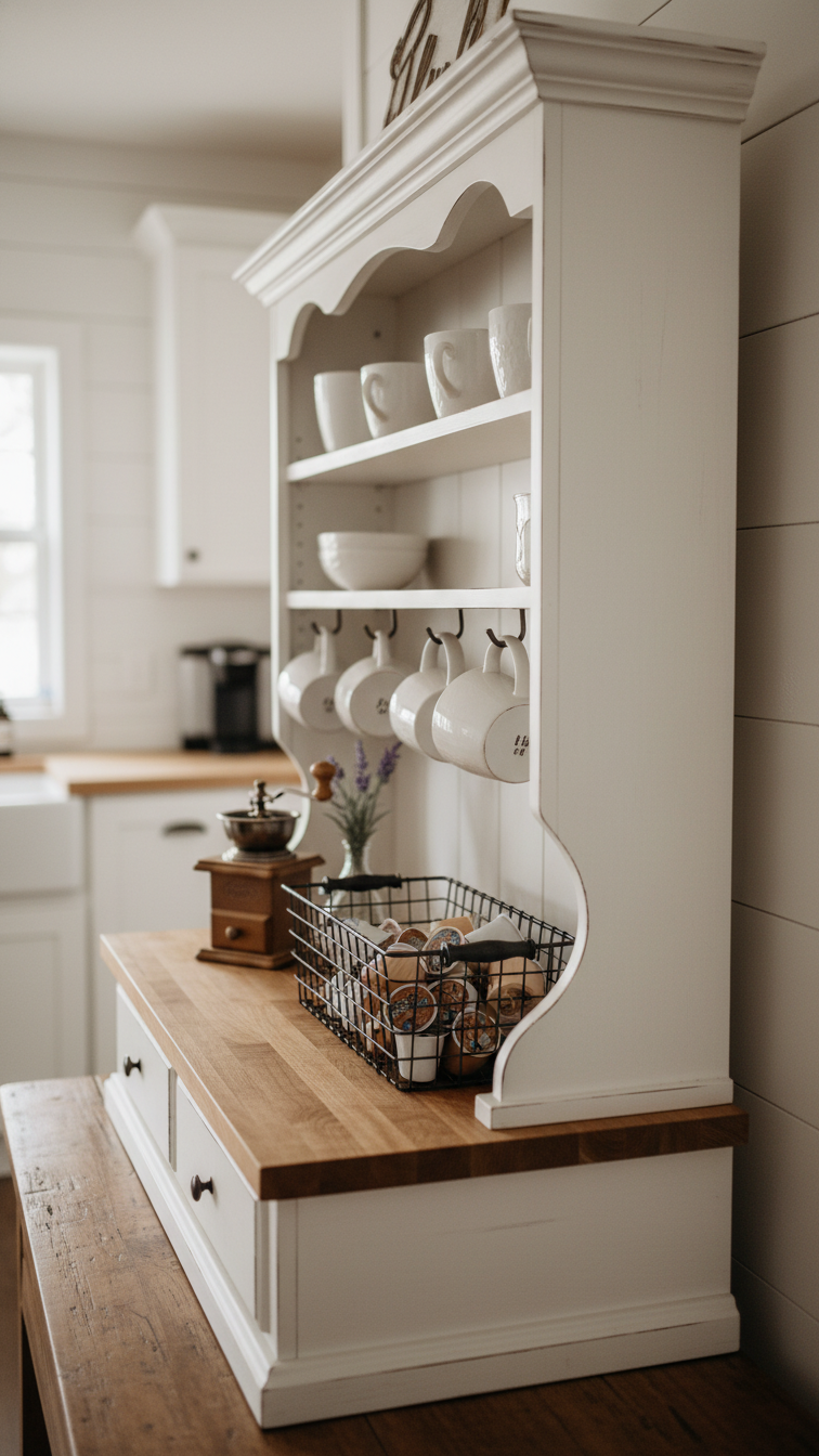 Classic farmhouse coffee bar hutch with distressed white finish and warm butcher block countertop in cozy rustic kitchen setting