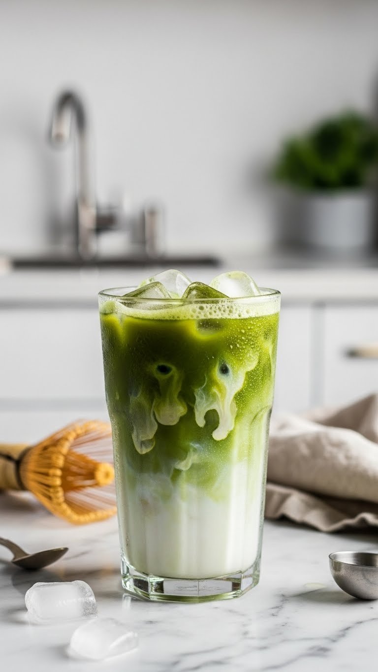 Classic iced matcha latte in tall glass with ice cubes, vibrant green matcha layer, and creamy milk swirling together on marble countertop