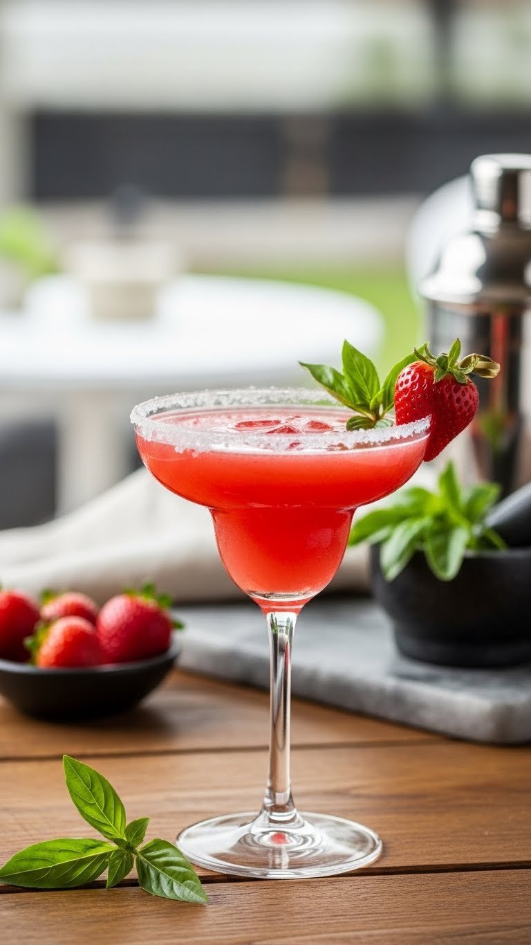 Classic margarita glass with strawberry basil margarita rimmed with salt and fresh strawberry garnish