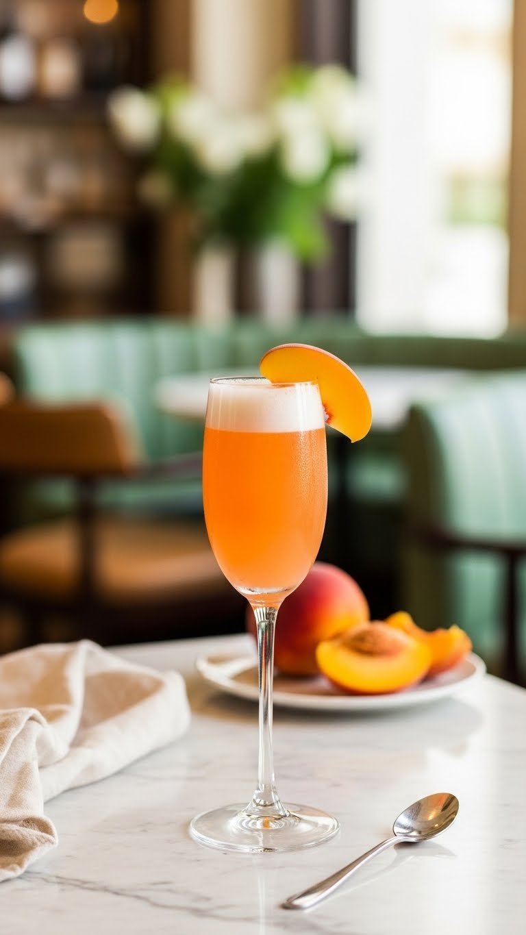 Classic peach Bellini cocktail served chilled in fluted glass with peach slice garnish on marble countertop