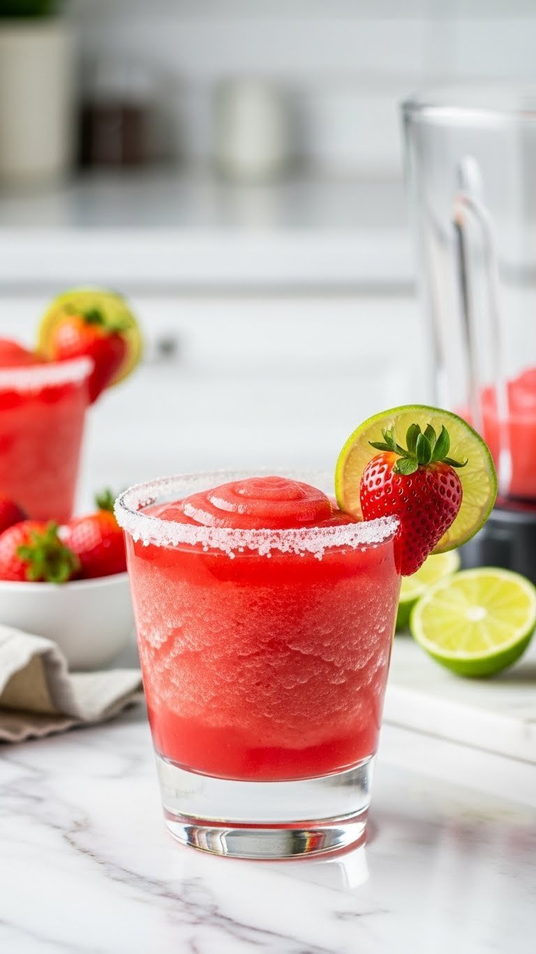 Classic strawberry margarita with salted rim and fresh strawberry garnish in margarita glass