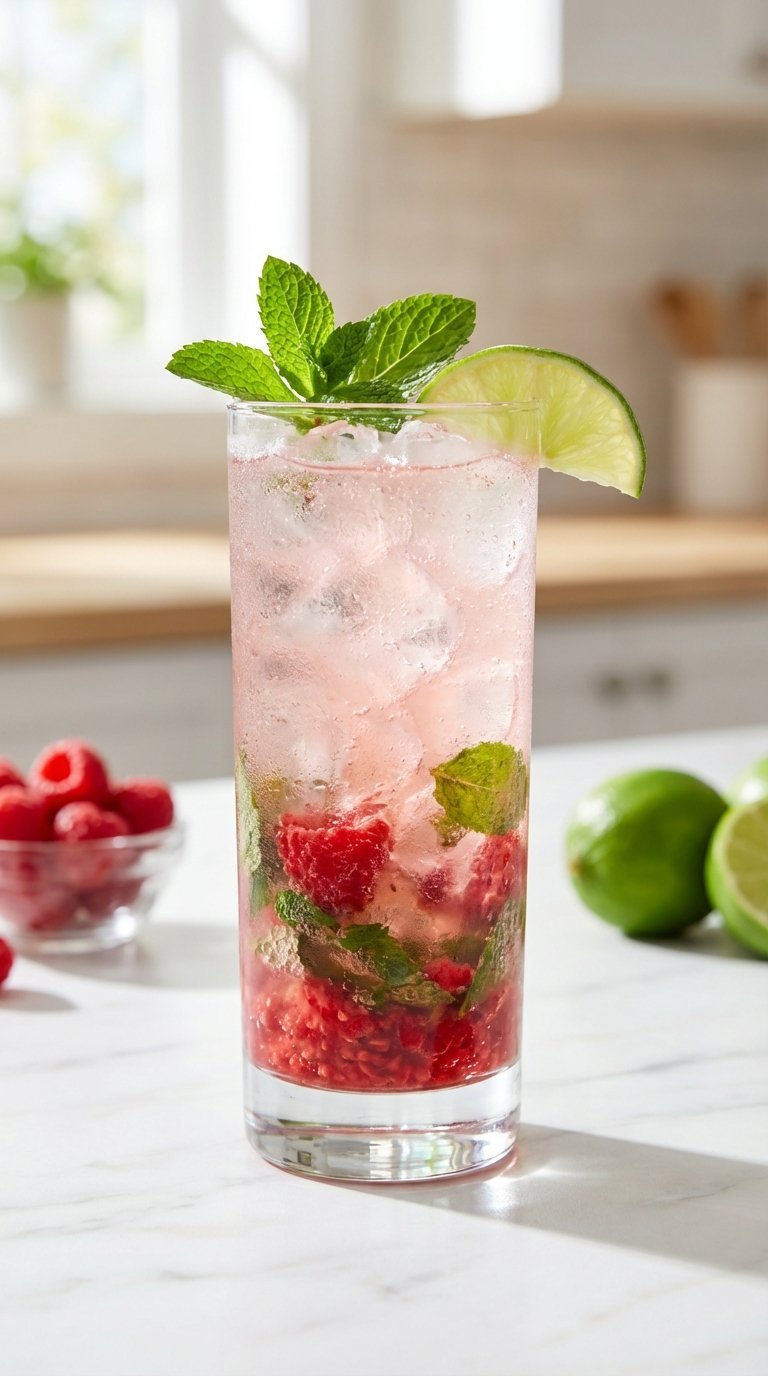 Ultimate BBQ Drink Ideas: 9 Proven Non-Alcoholic Recipes 15 Classic virgin raspberry mojito in condensation-covered glass with mint and lime garnish