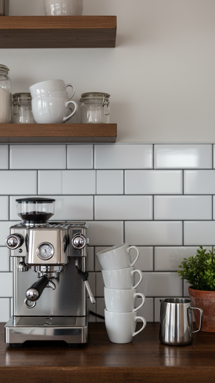 Classic white subway tile backsplash with dark grout behind coffee bar featuring espresso machine and ceramic mugs on dark wood countertop