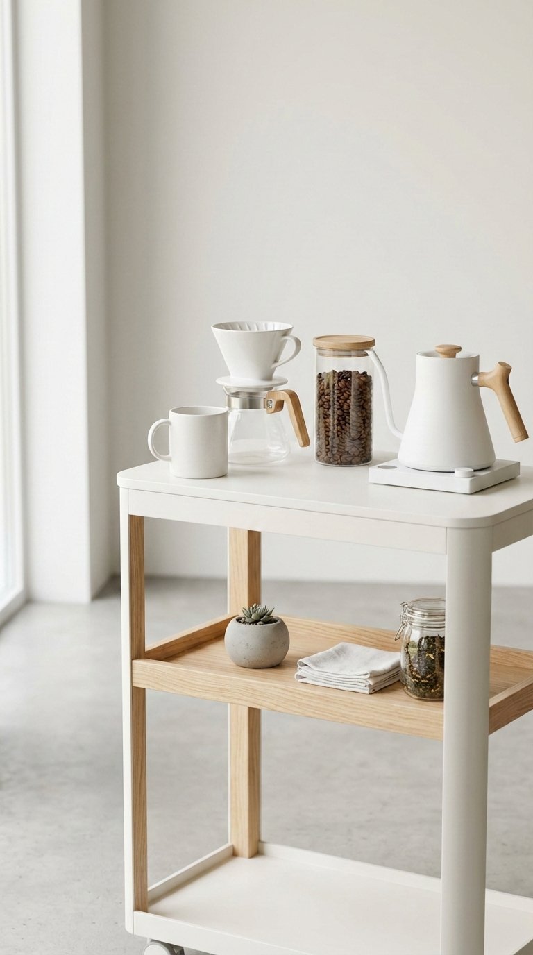 Clean white rolling cart with ceramic mug and succulent serving as serene coffee station
