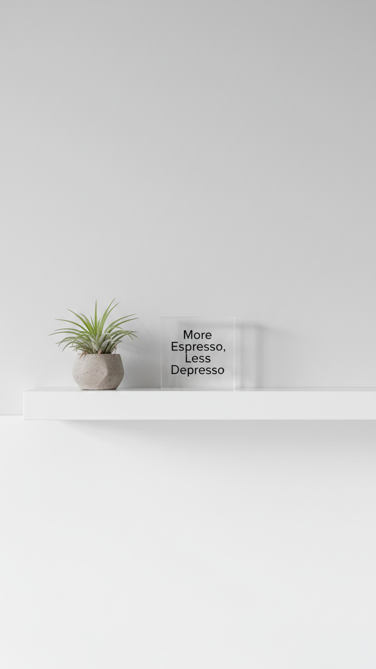 Clear acrylic block with 'More Espresso, Less Depresso' text on floating white shelf with minimalist air plant.