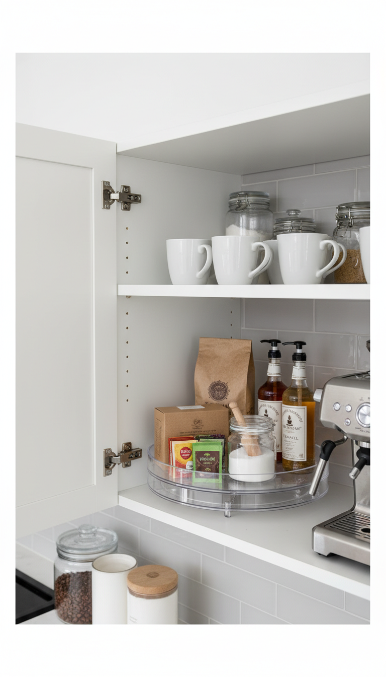 Clear acrylic turntable organizing coffee supplies inside white kitchen cabinet interior