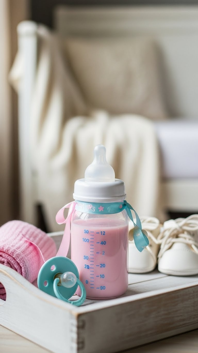 Clear baby bottle filled with creamy pink drink adorned with ribbon and pacifier on vintage wooden tray