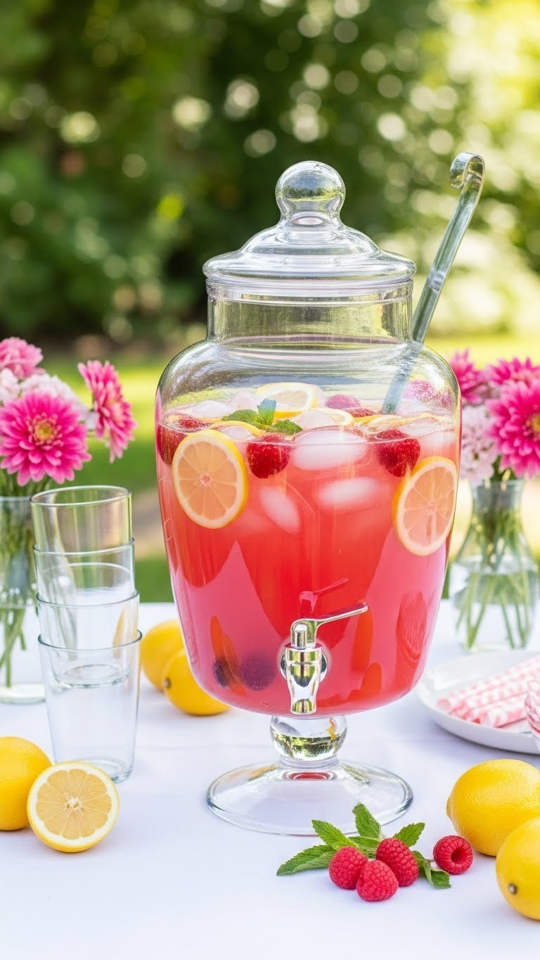 Clear beverage dispenser filled with bright pink lemonade punch with lemon slices and raspberries