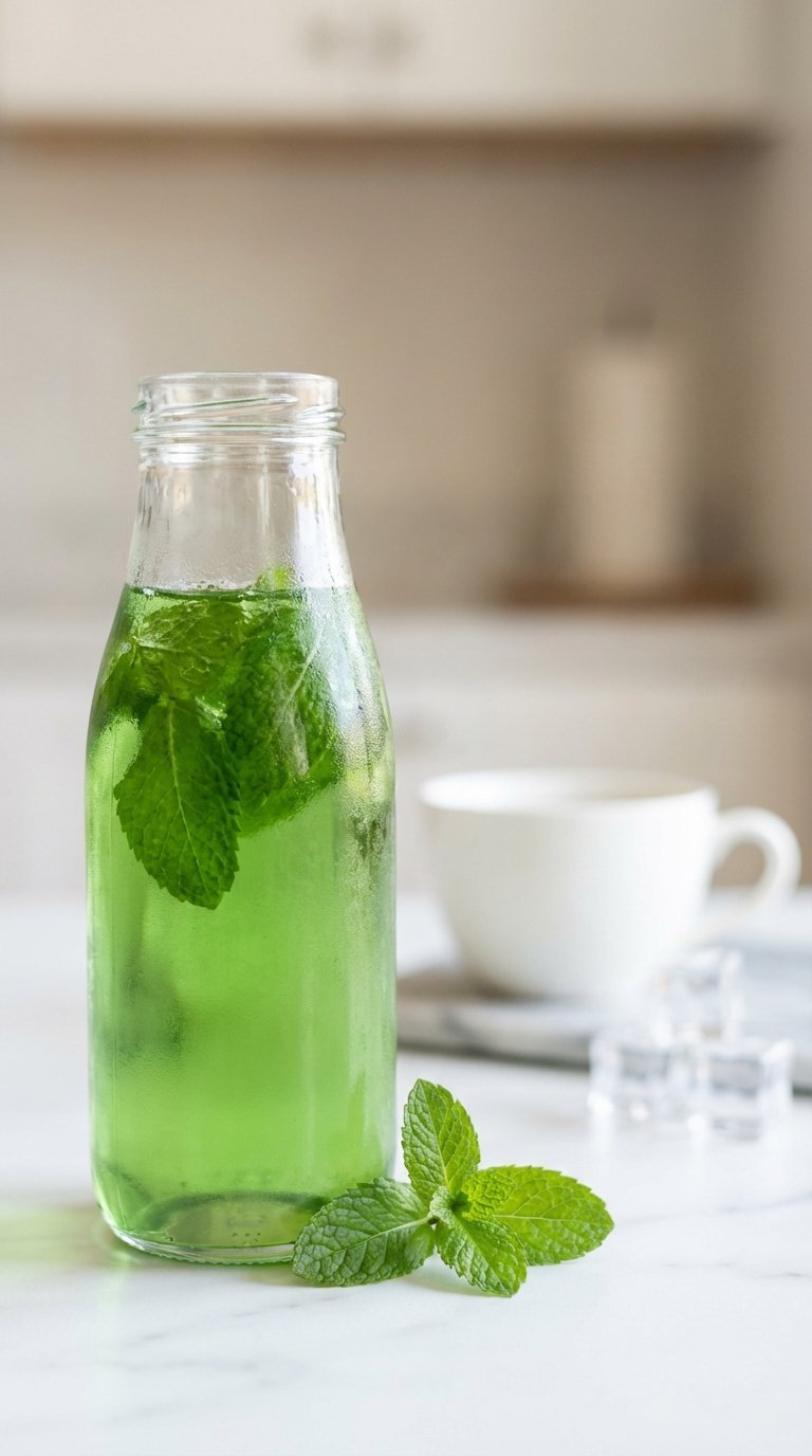 Clear glass bottle of bright peppermint syrup with fresh mint leaves on marble countertop with ice cubes and coffee cup.