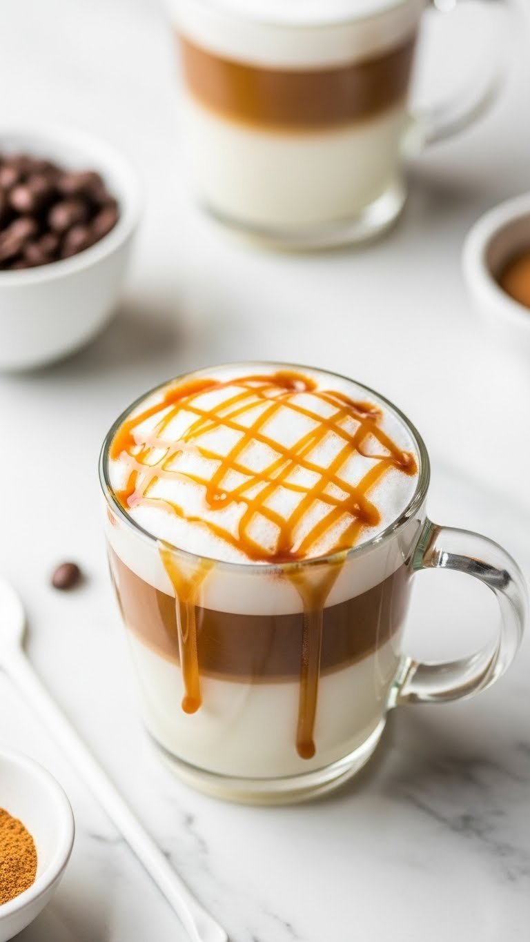 Clear glass mug caramel macchiato showing layered milk, espresso, and caramel drizzle cascading down sides on white marble surface.