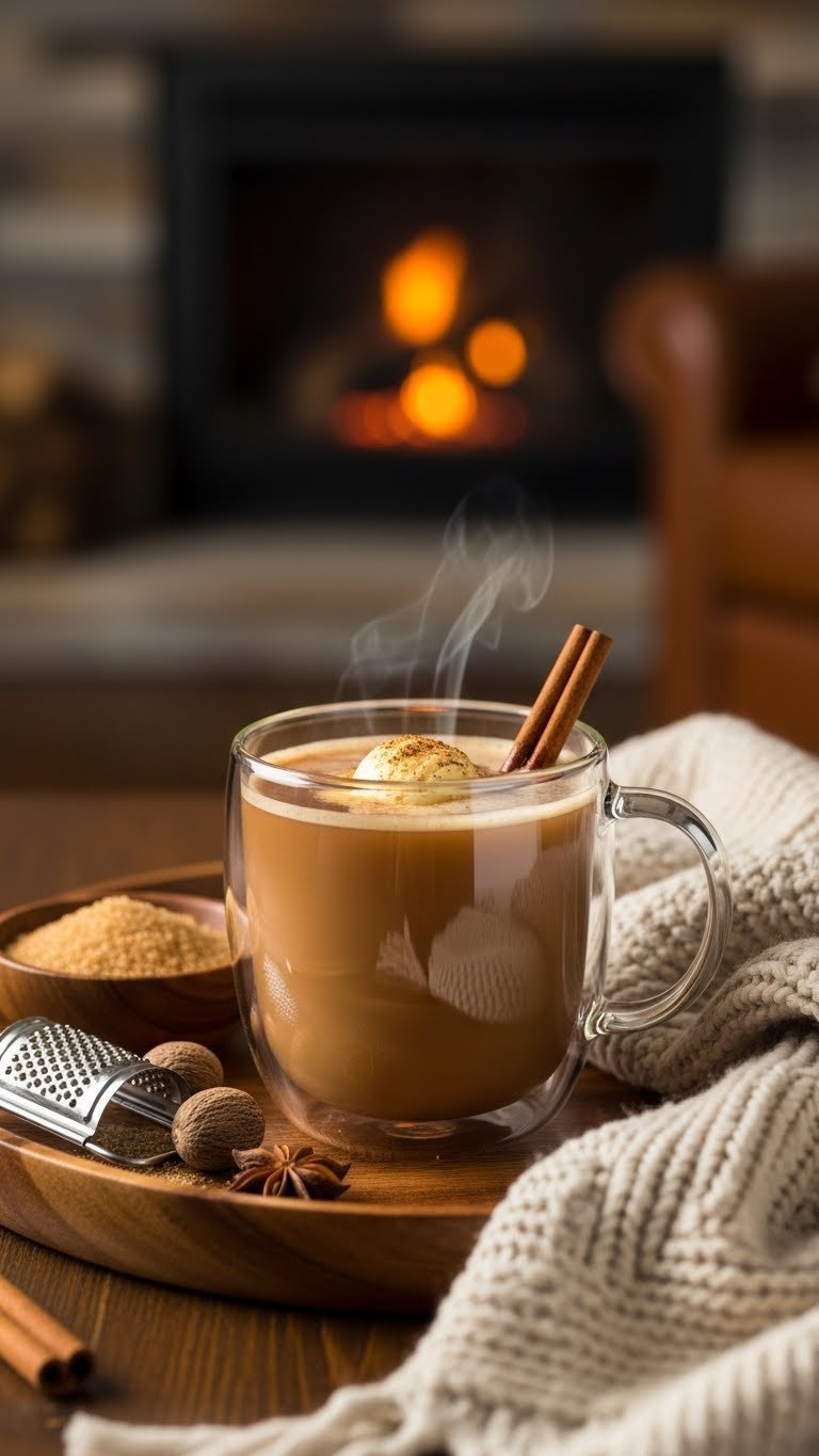 Clear glass mug filled with golden hot buttered rum topped with melting spiced butter and cinnamon