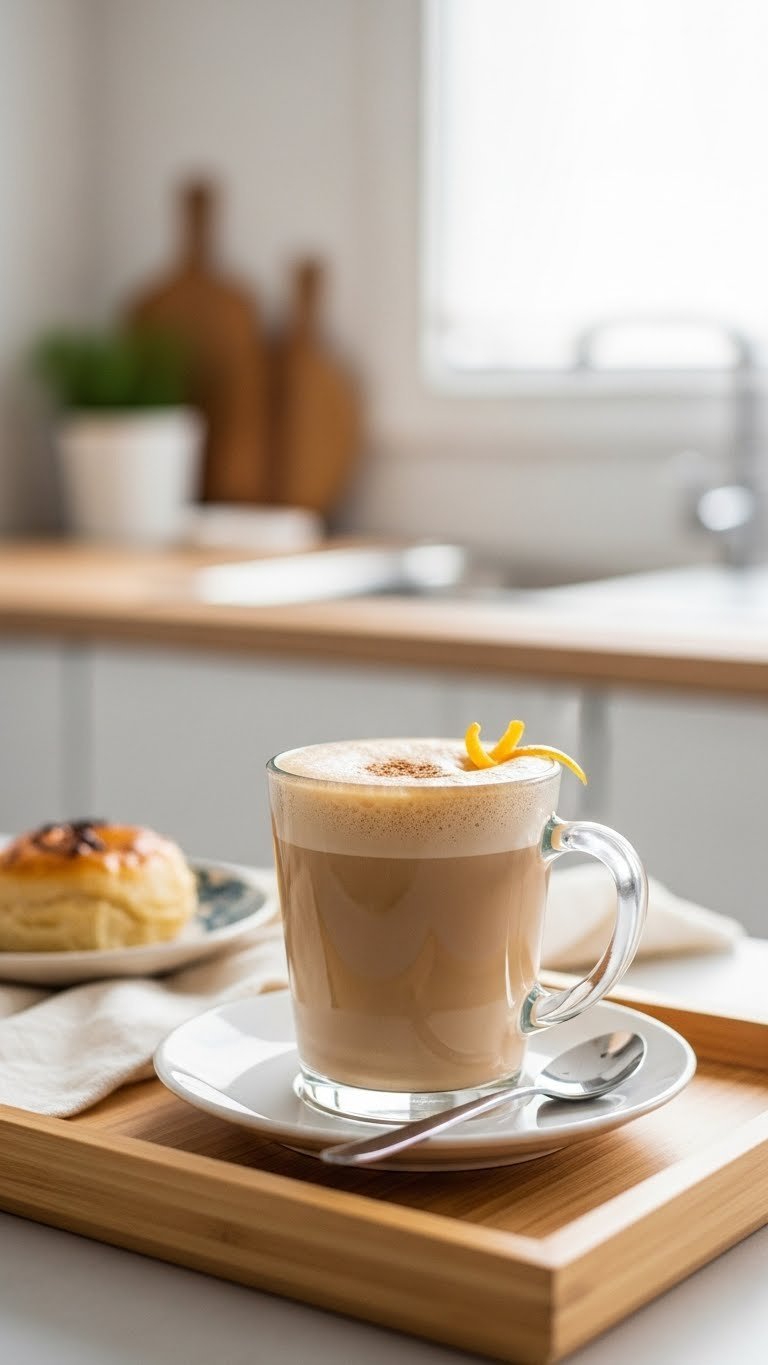 Clear glass mug of creamy Spanish latte with foam layer and cinnamon garnish on light wooden tray in minimalist kitchen.