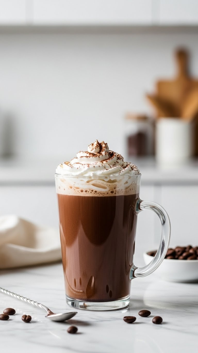 Clear glass mug of rich chocolate mocha topped with whipped cream and cocoa powder on marble countertop with soft bokeh background.