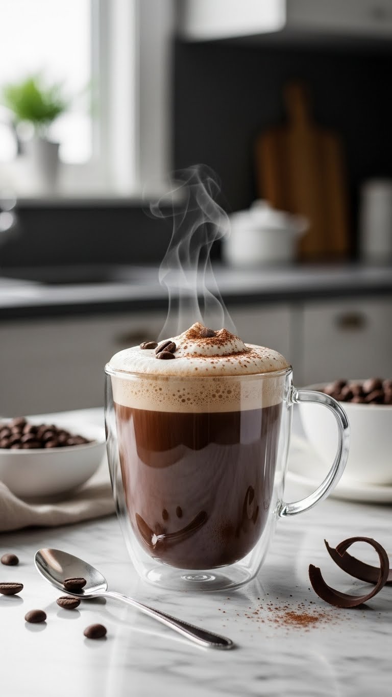 Clear glass mug showing creamy Irish cream mocha hot chocolate with cocoa powder and coffee beans on marble countertop
