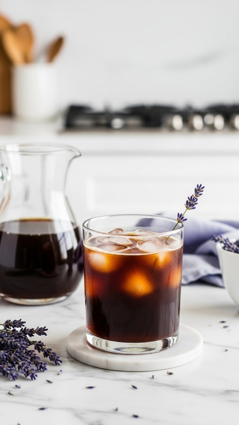 Clear glass of lavender cold brew coffee with ice cubes and fresh lavender sprig garnish on minimalist marble surface