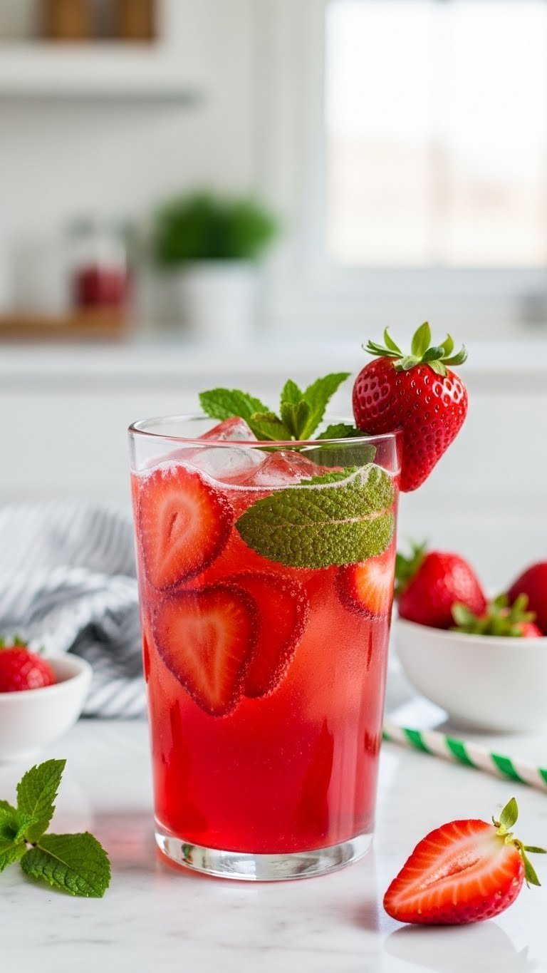 Clear glass of sparkling strawberry mint cooler with sliced strawberries and mint leaves on marble countertop