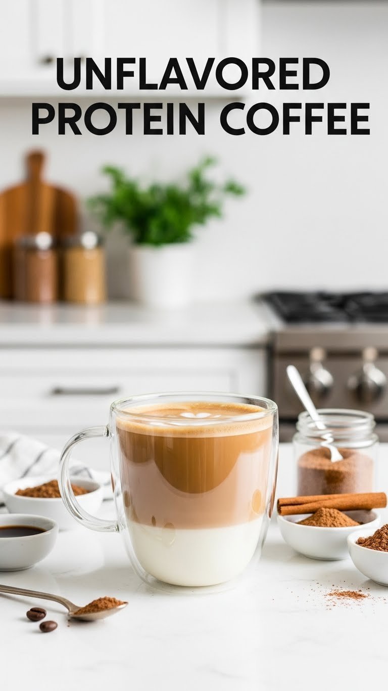 Clear glass of unflavored protein coffee with customization bowls on white countertop for versatile flavor options