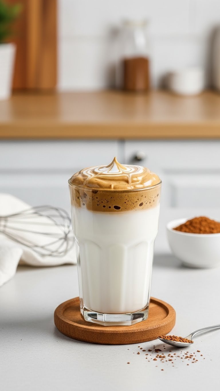 Clear glass showcasing fluffy Dalgona whipped coffee foam atop cold milk with cocoa sprinkle