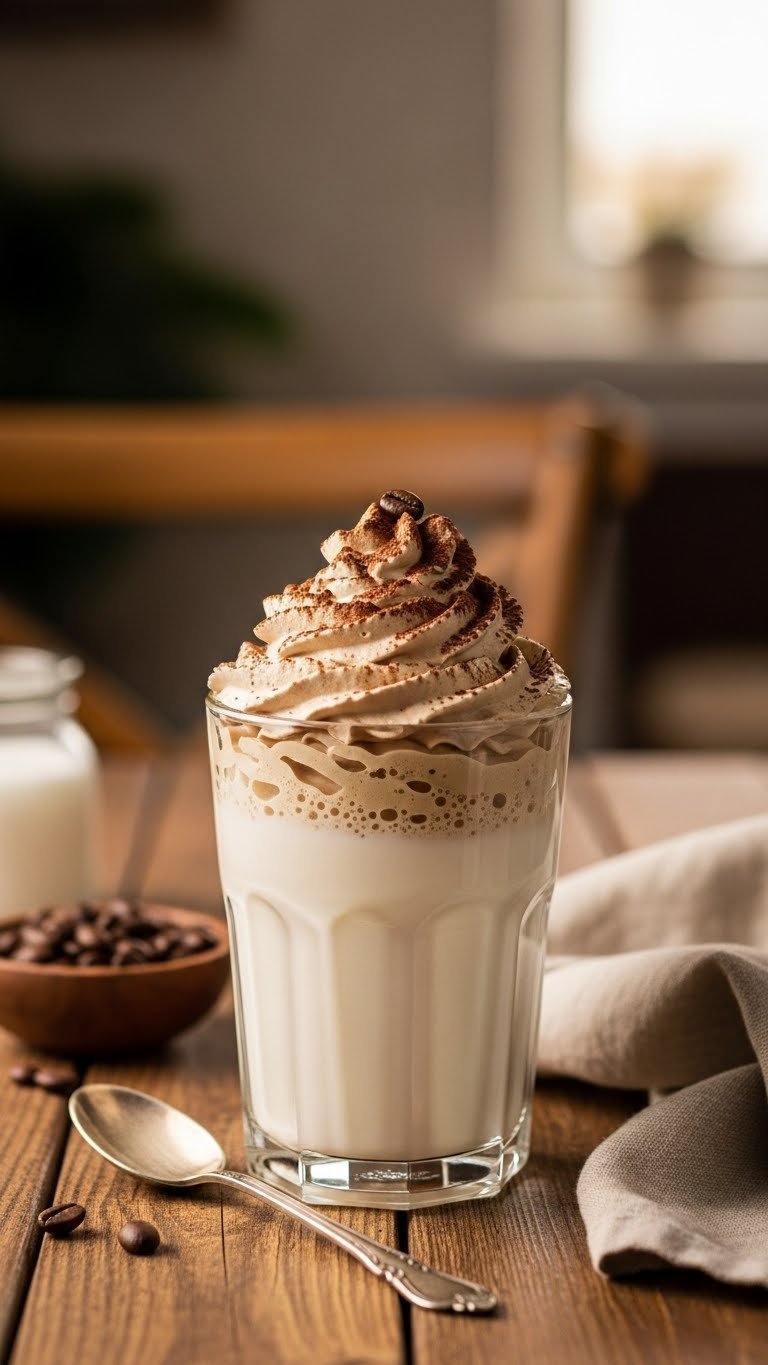 Clear glass with cold milk topped with fluffy whipped coffee foam dusted with cocoa powder and coffee bean