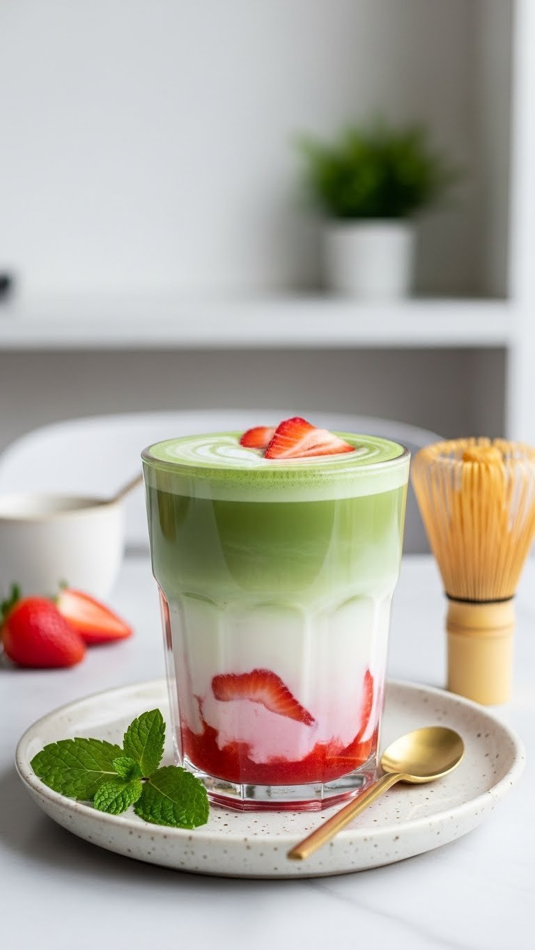 Clear glass with vibrant green matcha, creamy milk, and pink strawberry puree layers topped with fresh strawberry slices