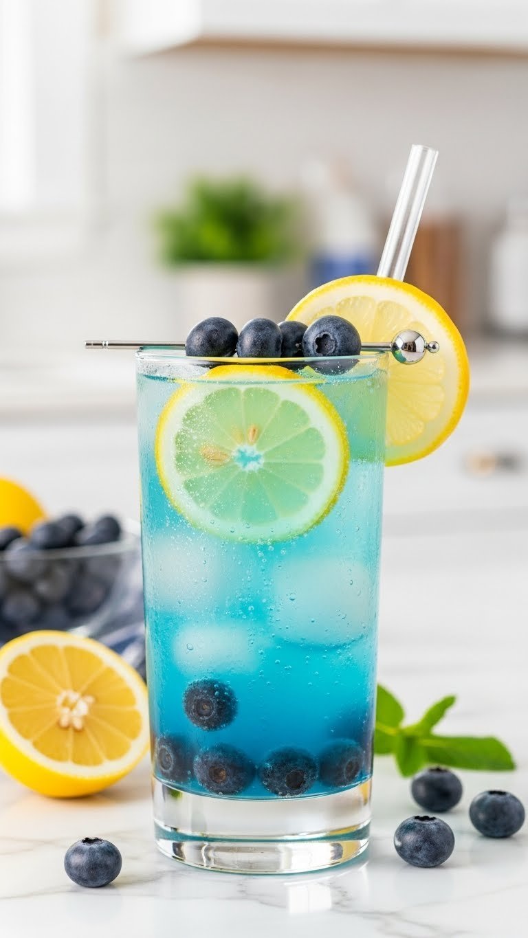 Clear highball glass with blueberry lemonade vodka spritzer featuring muddled blueberries and lemon wheel