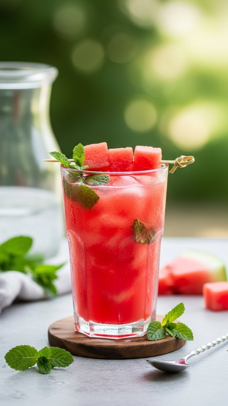 Clear highball glass with red-pink watermelon mint cooler garnished with mint sprigs and watermelon cubes
