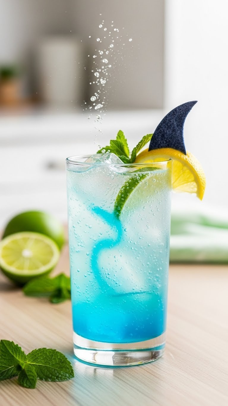 Clear lemon-lime soda glass with blue swirl gradient and shark fin citrus garnish on light wooden table