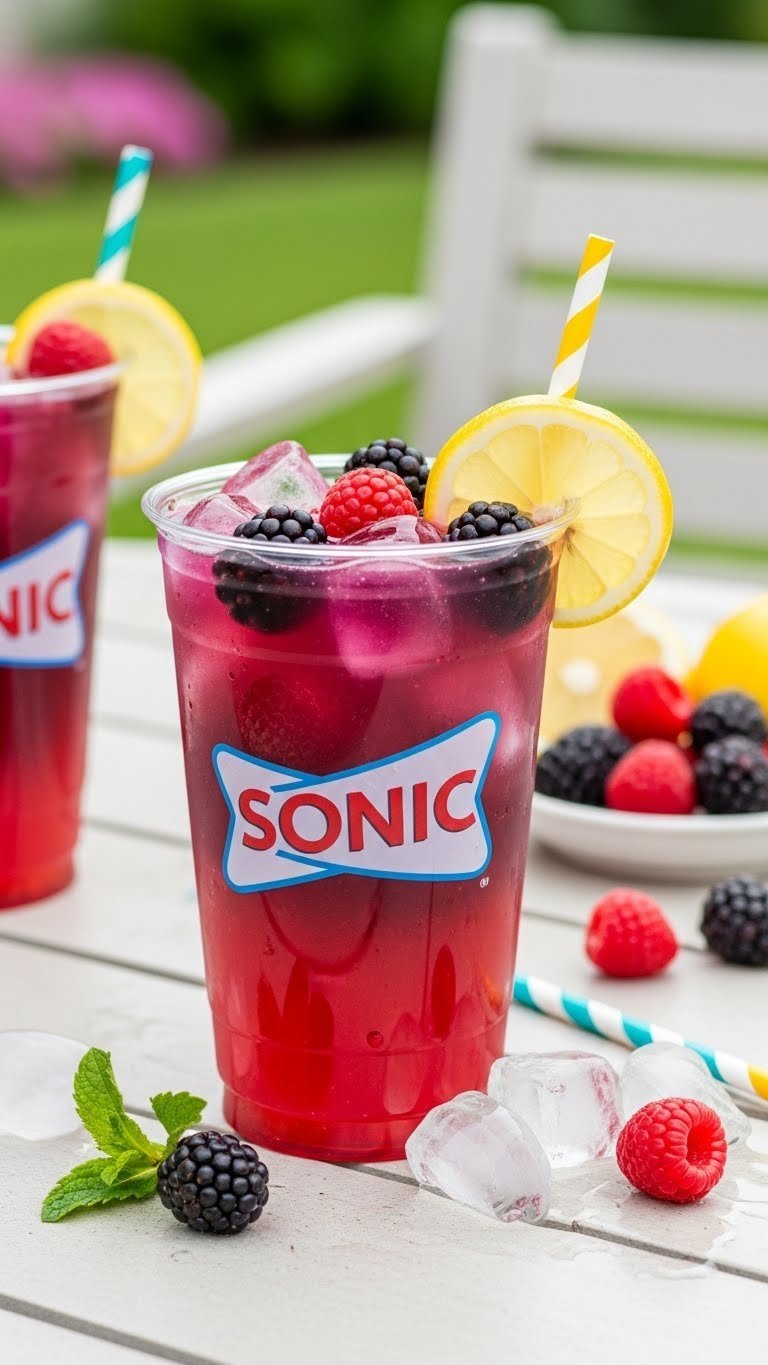 Clear lemonade Sonic beverage infused with blackberry and raspberry flavors, fresh berries garnish