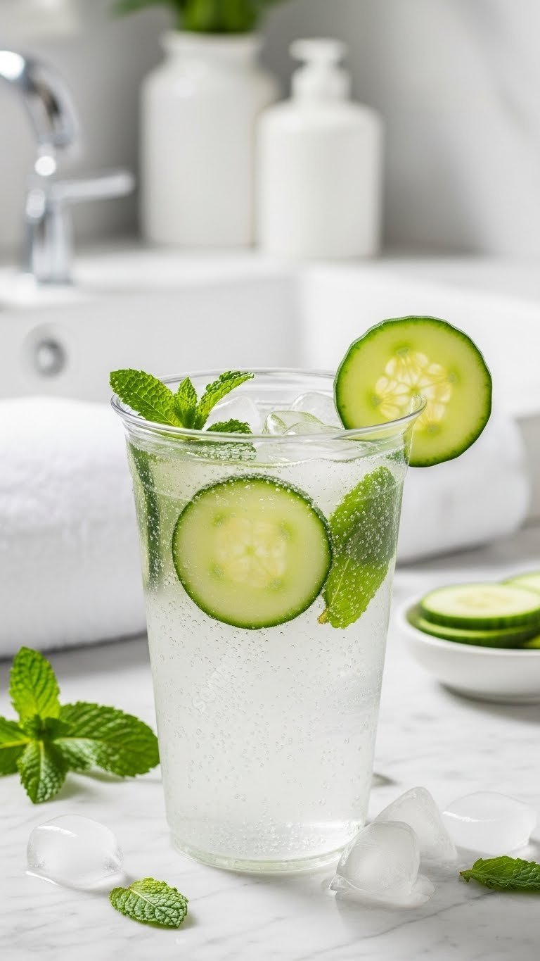 Clear sparkling water Sonic drink with cucumber slices and mint leaves for refreshing detox beverage