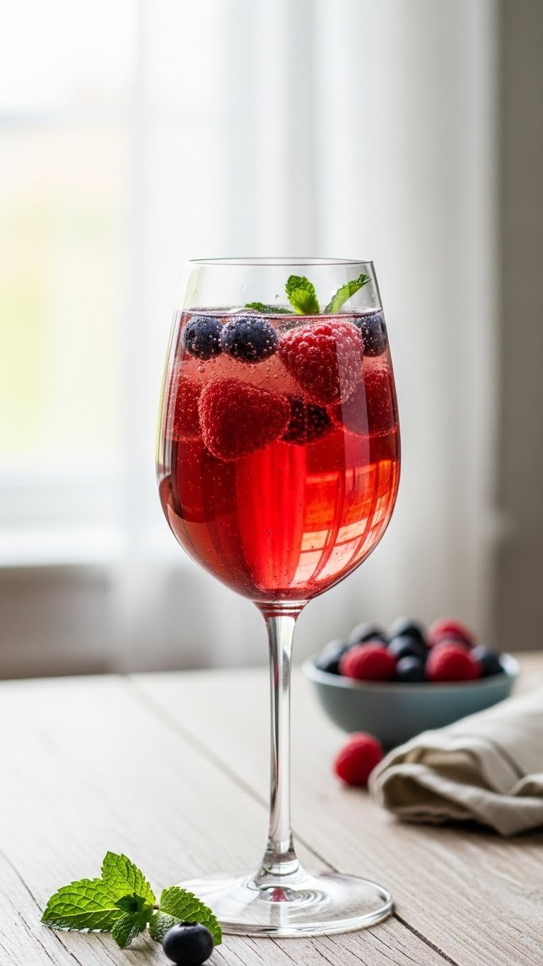 Clear stemmed glass with bubbly pink berry spritzer and floating raspberries and blueberries