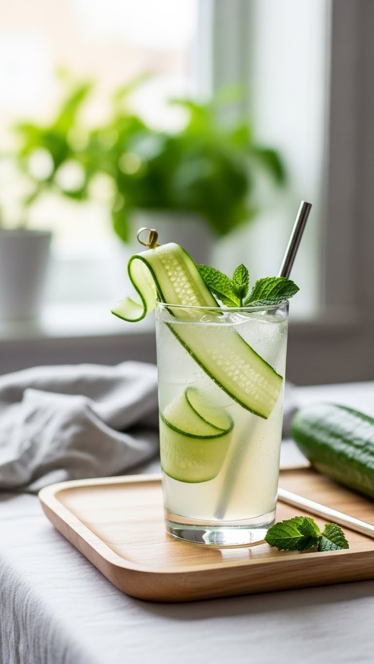 Non-Alcoholic Sprite: 9 Easy Mocktail Ideas for Any Party 11 Clear subtly green non-alcoholic Cucumber Cooler garnished with cucumber ribbons and mint sprig on light wooden tray