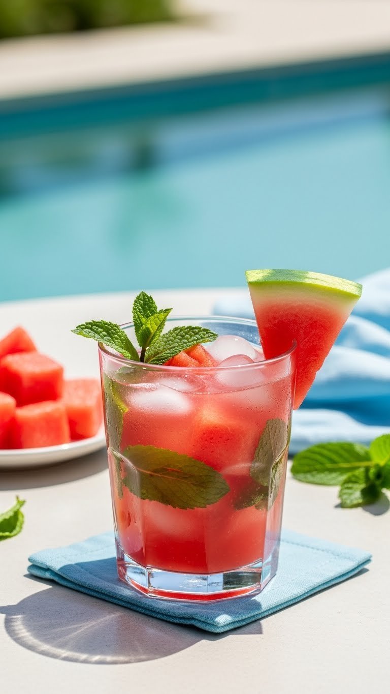 Clear tumbler glass with bright pink watermelon mint cooler featuring watermelon chunks and mint leaves